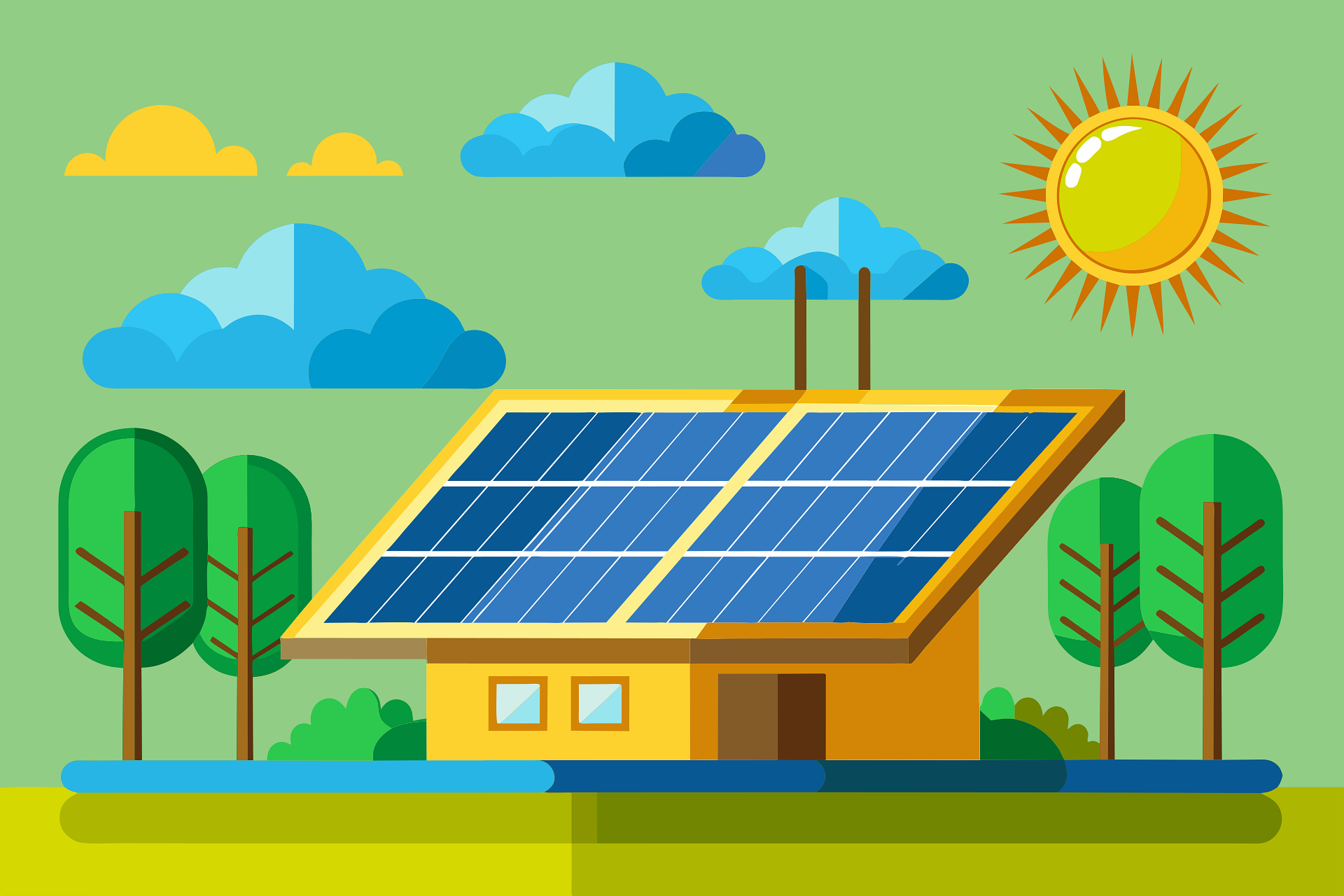 Achat panneau solaire. Soleil et panneaux solaires sur une maison.